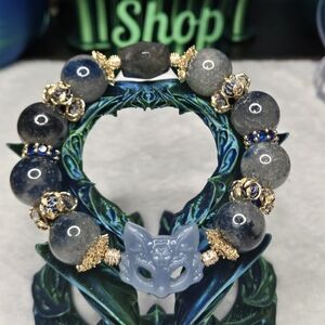 Blue and Gold Beaded Bracelet with Cat Charm